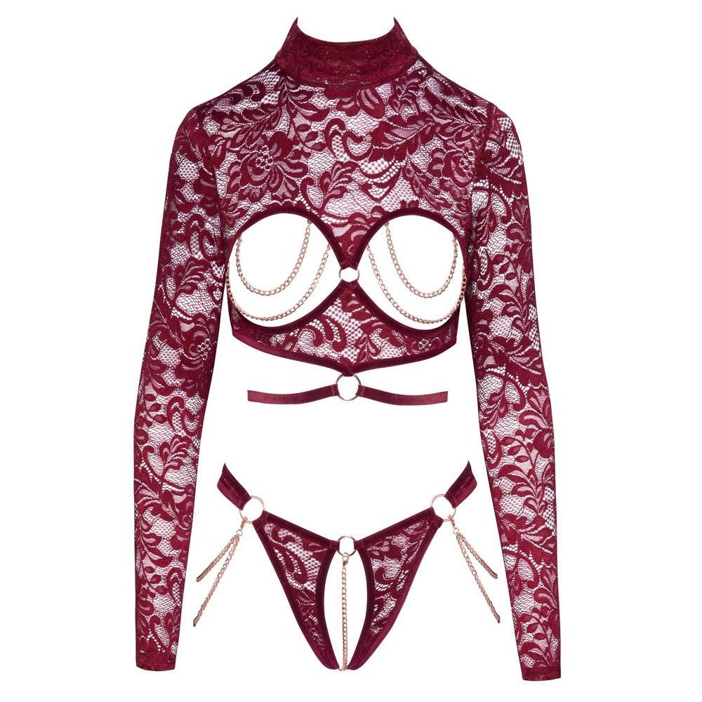 Woman standing in seductive pose wearing Abierta Fina Open Red Lace Body lingerie Woman standing in seductive pose wearing Abierta Fina Open Red Lace Body lingerie