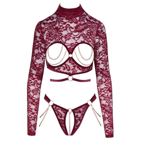 Woman standing in seductive pose wearing Abierta Fina Open Red Lace Body lingerie Woman standing in seductive pose wearing Abierta Fina Open Red Lace Body lingerie