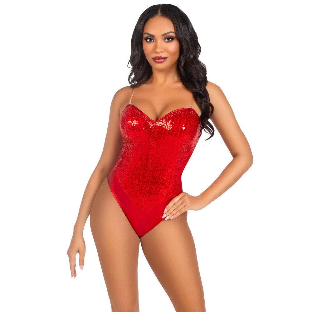 Leg Avenue Sequin Boned Bodysuit Red with Sparkling Sequins and Structured Boning for a Flattering Fit