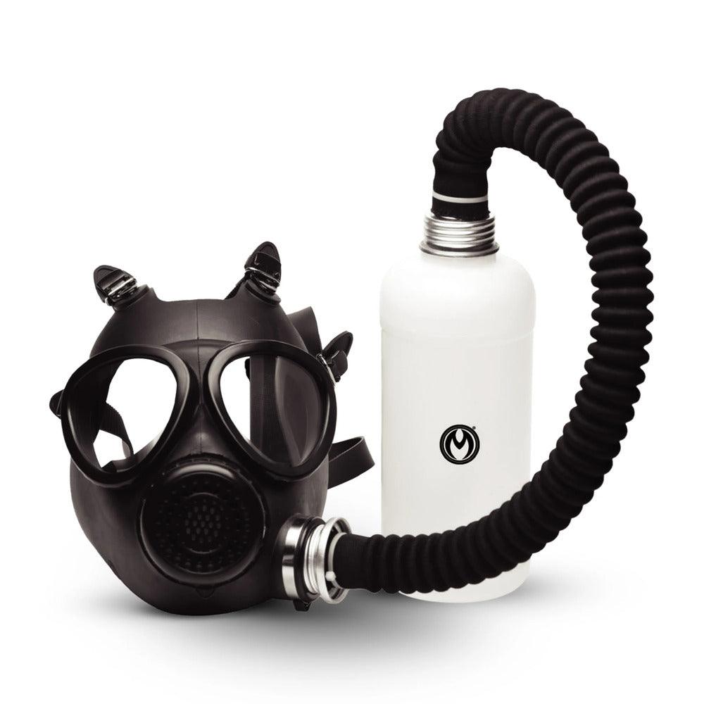 Black rubber Master Series Inhaler Gas Mask with attached bottle for breathing