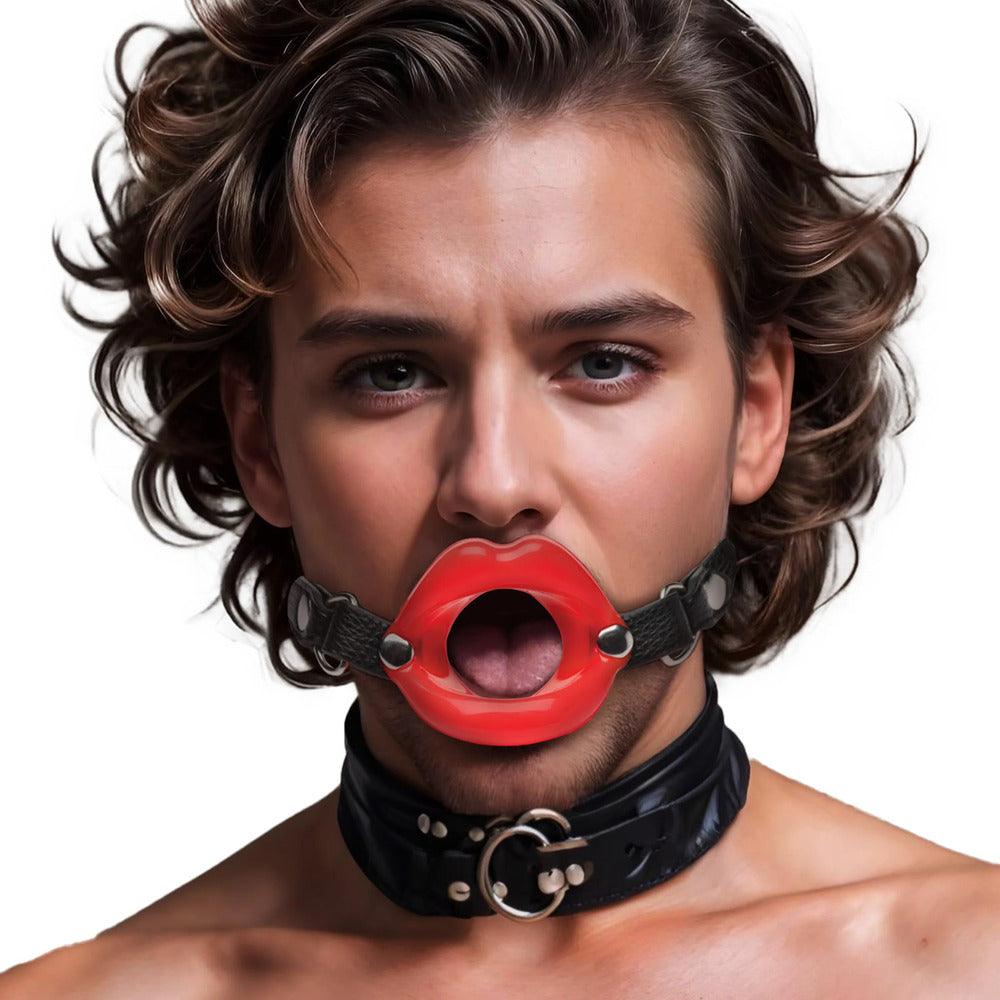 Red silicone ball gag with adjustable leather straps for comfort