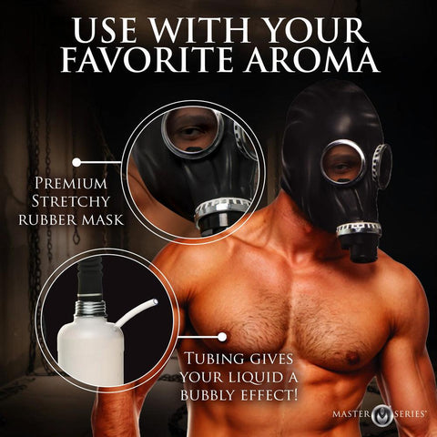 Black gas mask with adjustable straps and detachable bottle