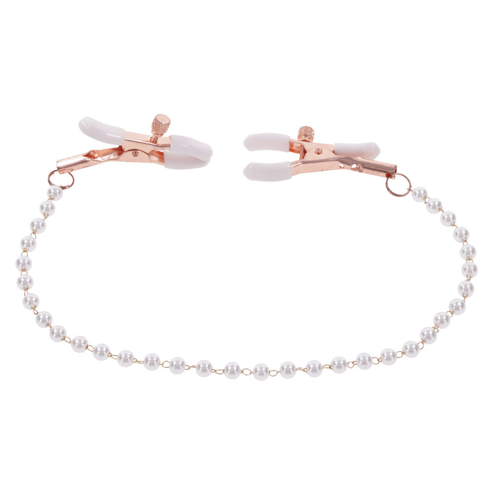 Pair of Sex and Mischief Pearl Nipple Clamps with attached chain, perfect for sensual play and BDSM activities