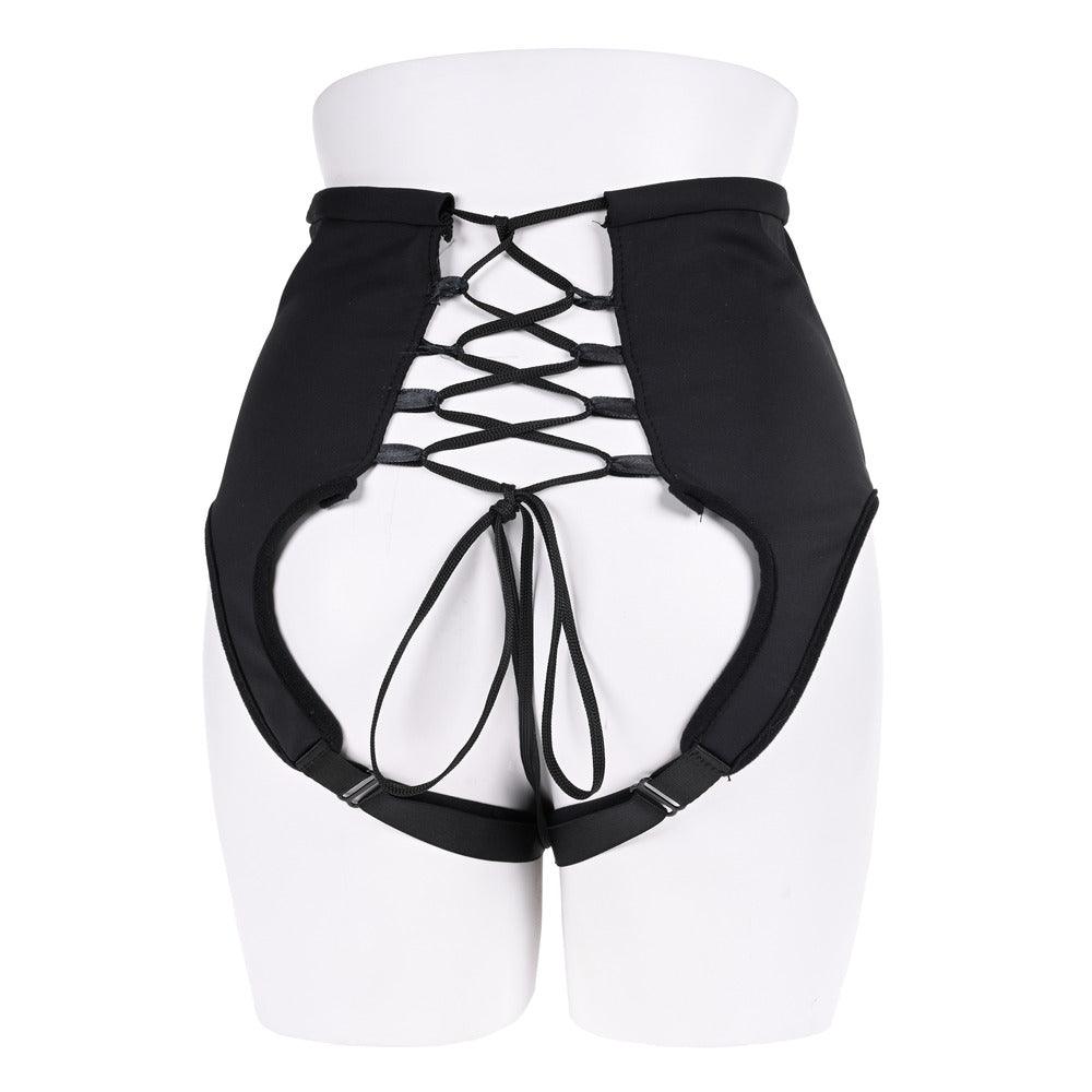 Black high waisted corset strap on for playful bedroom activities
