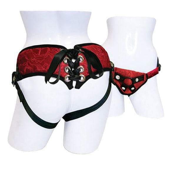 SportSheets Red Lace With Satin Corsette Strap On - Adult Planet - Online Sex Toys Shop UK