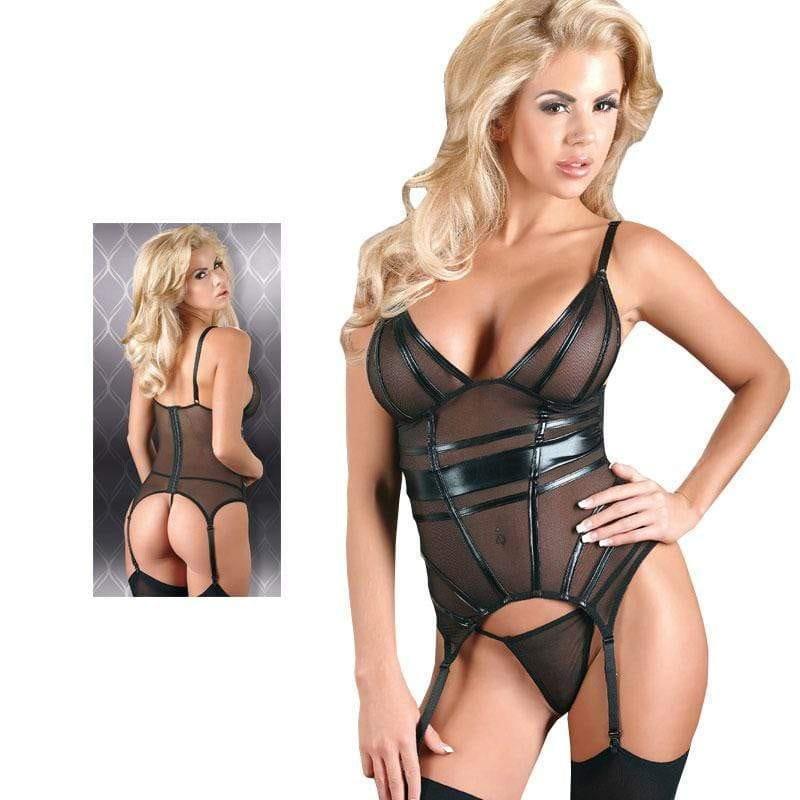 Black Powernet Suspender Basque With Matching GString - Adult Planet - Online Sex Toys Shop UK