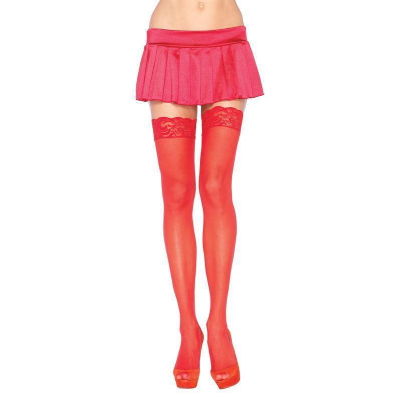 Leg Avenue Sheer Thigh Highs With Lace Tops Red UK 8 to 14 - Adult Planet - Online Sex Toys Shop UK