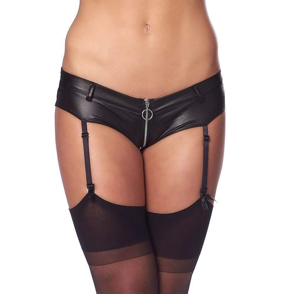 Kinky Black Wetlook Hot Pants With Stockings - Adult Planet - Online Sex Toys Shop UK