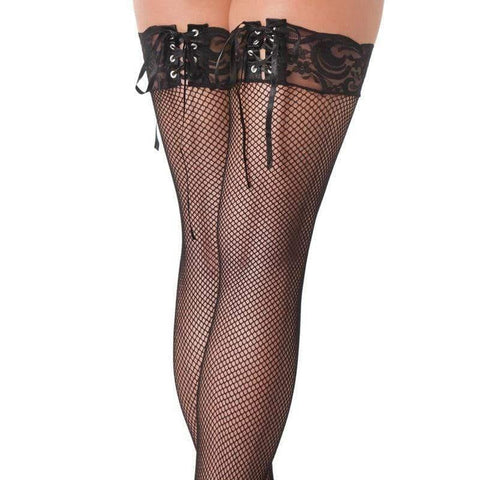 Black Fishnet Stockings With Lace Ribbon Tops - Adult Planet - Online Sex Toys Shop UK